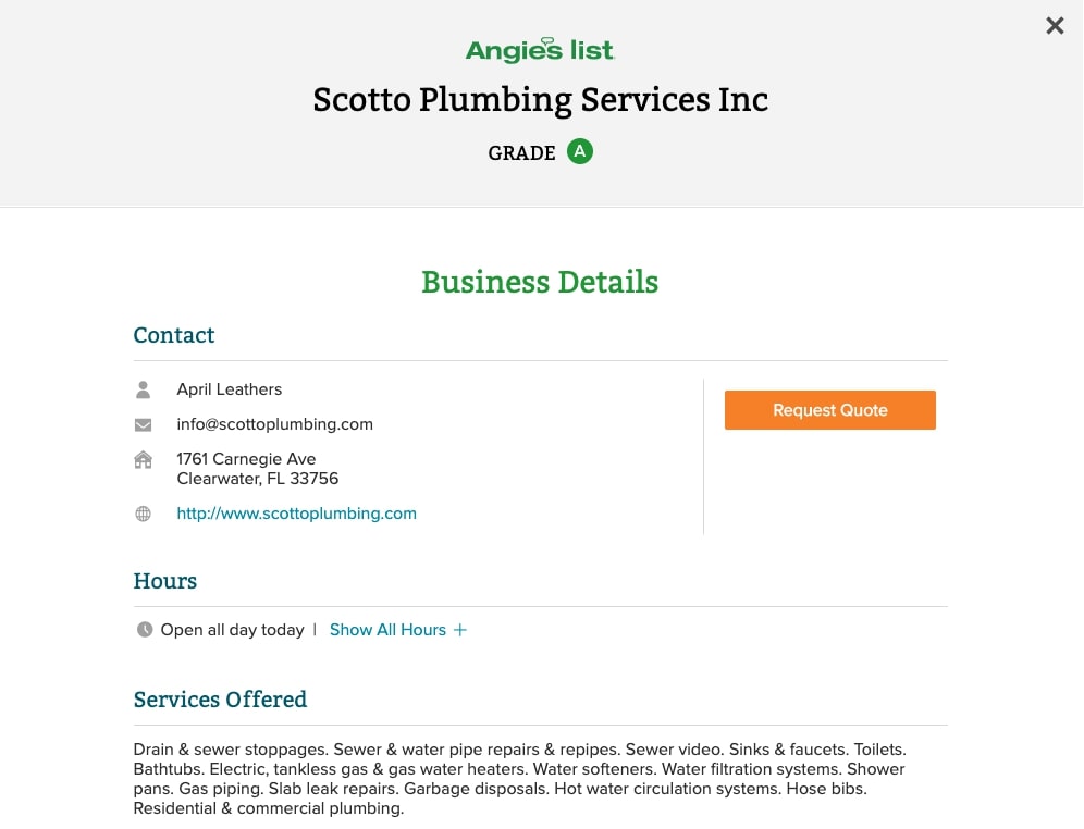 Angie's List business listing of Scotto Plumbing Services Inc