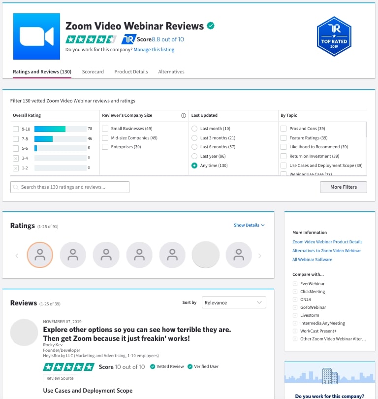 TrustRadius Zoom video webinar reviews
