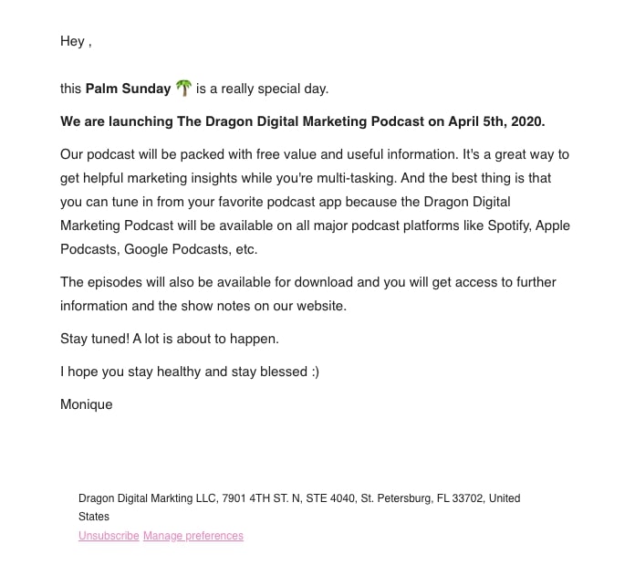 Dragon Digital Marketing Podcast announcement email campaign