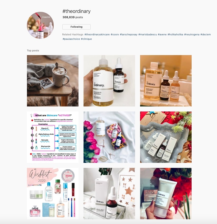 Customer pictures and reviews with the branded hashtag #theordinary on Instagram